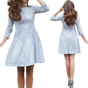 NWT Eliza J Fit & Flare Mini Floral Lace Overlay Pleated Skirt Blue Dress.  SZ 2